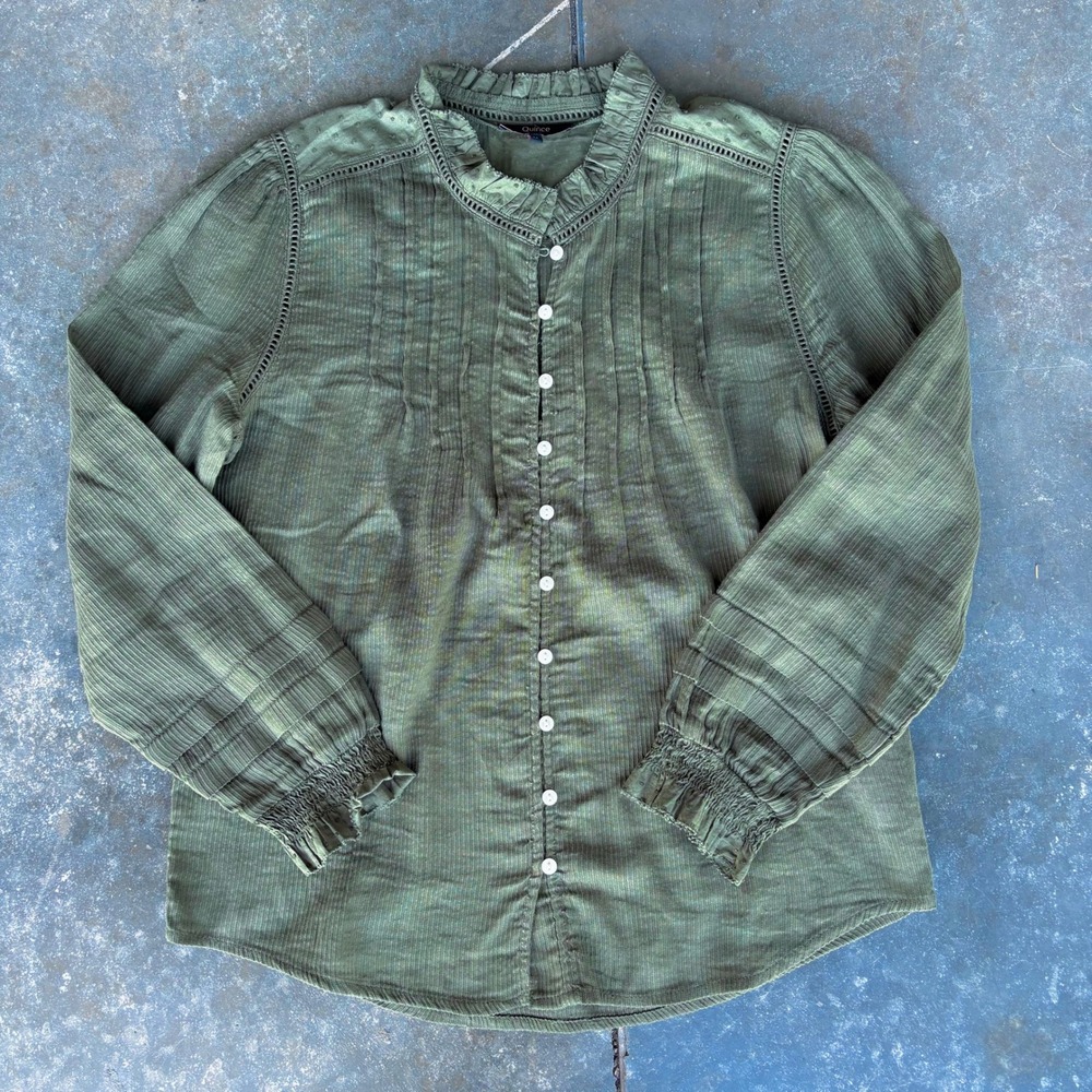 Quince Organic Textured Cotton Peasant Blouse Women's Medium Caper Green